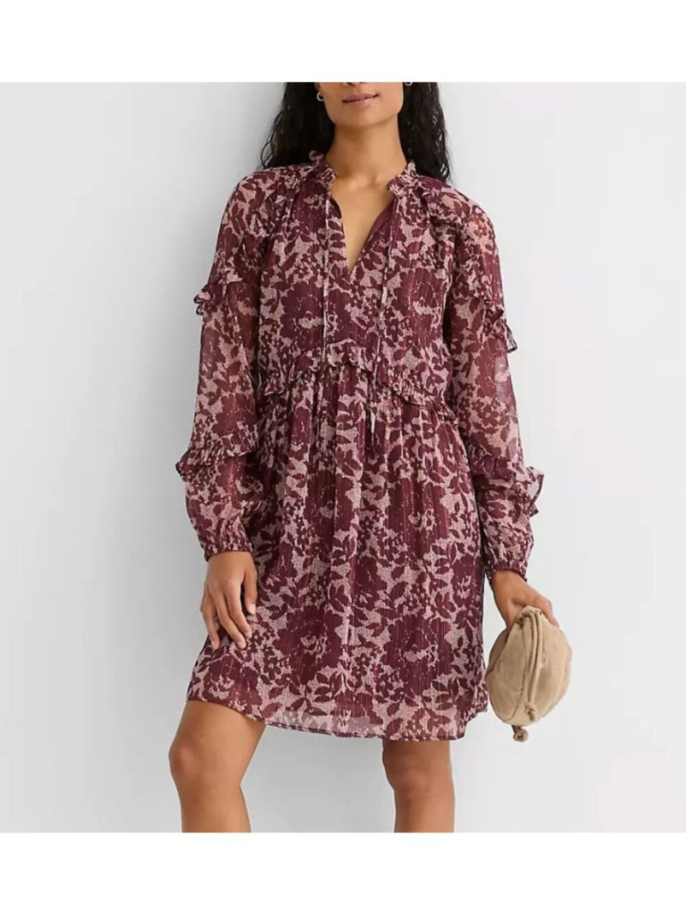 LOFT shimmer ruffle tie neck mini dress size S